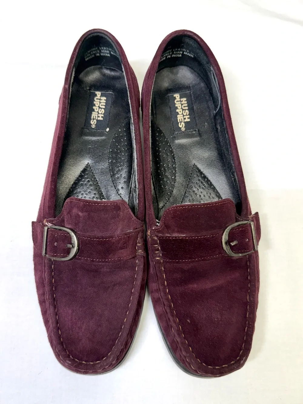 Hush Puppies Burgundy Suede Buckle Loafers Comfort Curve Slip On Shoes Sz 8.5